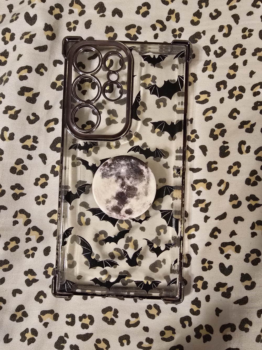 Samsung Clear Phone Case with Black Bat Pattern and Moon PopSocket